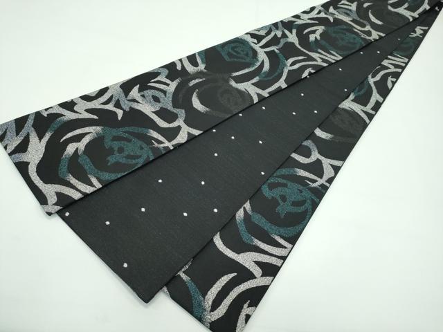 平和屋着物■極上　両面　半幅帯　薔薇　バラ　黒地　銀糸　おゝみ北川　逸品　未使用　CZAA3483s5