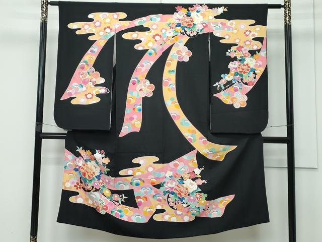 平和屋着物■極上　七五三　女の子　7歳　祝着　友禅　エ霞花車文　黒地　金彩　逸品　CZAA3511s5