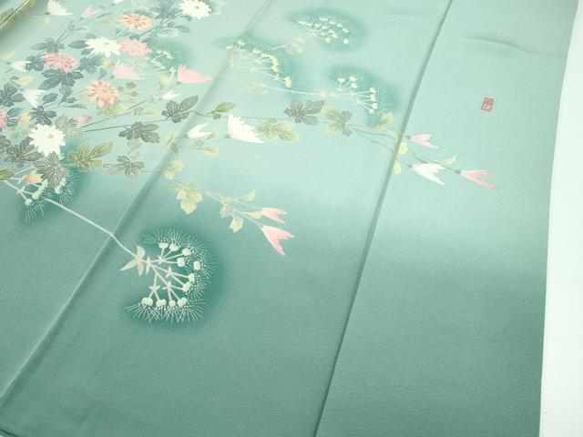 平和屋着物■極上　十日町友禅作家　一梗　訪問着　草花文　暈し染め　山葵色地　逸品　CZAA3613s5 平和屋着物□極上 十日町友禅作家 一梗 訪問着 草花文 暈し