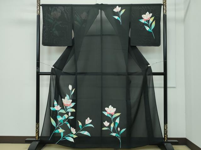 平和屋着物■極上　夏物　訪問着　絽　草花文　黒地　逸品　未使用　CZAA3638s5