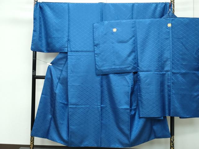 平和屋着物■極上　男性　色無地　紋付き羽織セット　キングサイズ　御召御納戸色地　花菱地紋　舞台衣装　洗える着物　逸品　CZAA3644s5