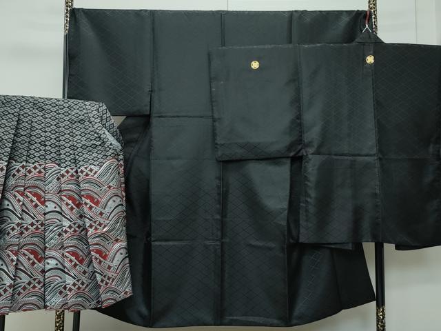 平和屋着物■極上　男性　色無地　紋付き羽織・行灯袴セット　黒地　花菱地紋　舞台衣装　洗える着物　逸品　CZAA3655s5