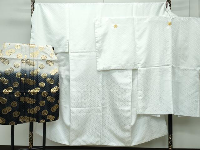 平和屋着物■極上　男性　色無地　紋付き羽織・行灯袴セット　キングサイズ　白地　花菱地紋　舞台衣装　洗える着物　逸品　CZAA3659s5