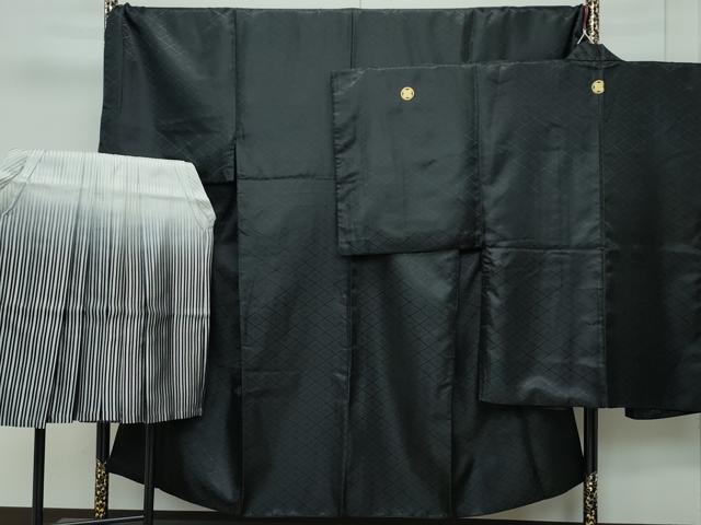 平和屋着物■極上 男性 色無地 紋付き羽織・行灯袴セット キングサイズ 黒地 花菱地紋 舞台衣装 成人式 洗える着物 逸品 CZAA3670s5