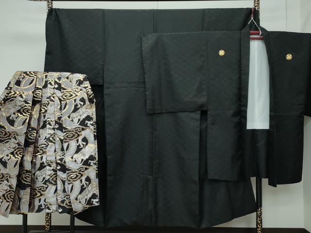 平和屋着物■極上　男性　色無地　紋付き羽織・行灯袴セット　キングサイズ　黒地　舞台衣装　成人式　洗える着物　逸品　CZAA3672s5