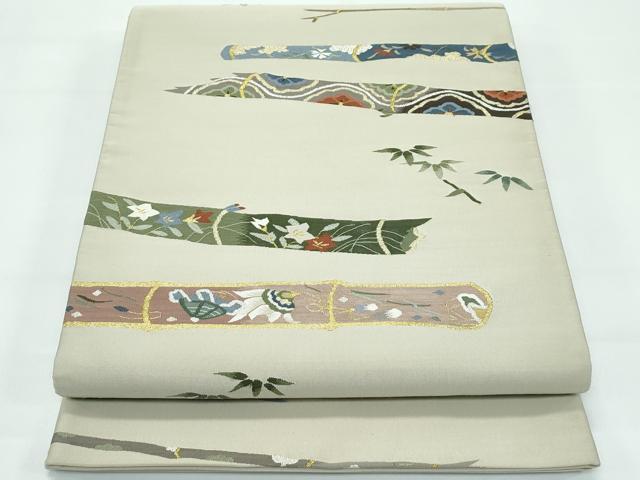 平和屋着物■極上　明綴れ　袋帯　笹竹吉祥草花文　金銀糸　利休茶色地　逸品　CZAA3684s5