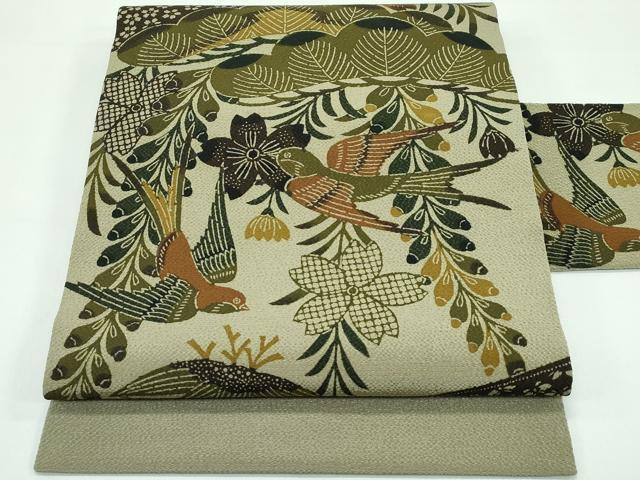 平和屋着物■極上　九寸名古屋帯　紅型　花鳥文　鬼しぼ縮緬　黄海松茶色地　逸品　未使用　CZAA3691s5