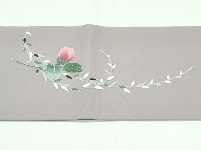 平和屋着物□極上 塩瀬 九寸名古屋帯 草花文 金彩 茶鼠色