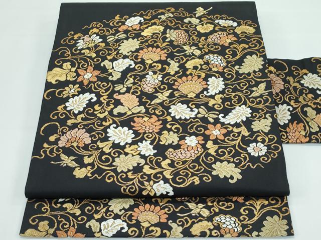 平和屋本店■極上　九寸名古屋帯　唐織　更紗唐草舞蝶鳥文　黒地　金糸　逸品　CZAA3698s5