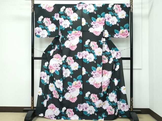 平和屋着物■極上　夏物　撫松庵　小紋・浴衣兼用　セオアルファ　フリルパンジー　黒地　洗える着物　逸品　未使用　CZAA3711s5