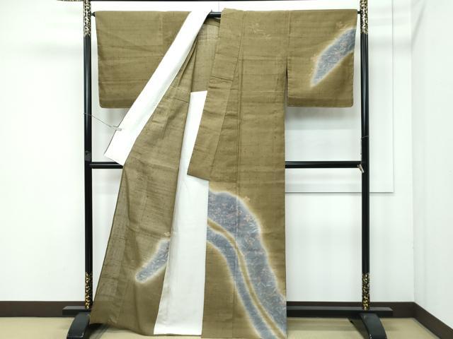 平和屋着物■極上　染織の名門　しょうざん  生紬　訪問着　単衣　草花文　国防色地　反端付き　逸品　未使用　CZAA3722s5 平和屋着物□極上 染織の名門 しょうざん 生紬 訪問着 単衣 草花