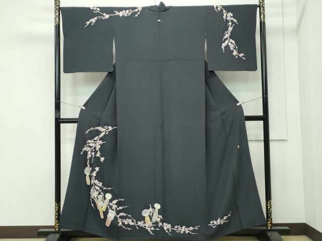 平和屋着物●極上　本加賀友禅作家　志田弘子　訪問着　こけし　枝花文　墨色地　逸品　CZAA5025s5