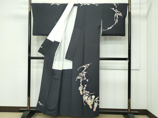 平和屋着物●極上　本加賀友禅作家　志田弘子　訪問着　こけし　枝花文　墨色地　逸品　CZAA5025s5_1