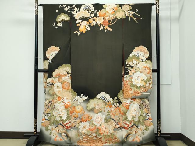 平和屋着物■極上　アンティーク　大正ロマン　振袖　駒刺繍　貝合わせ花籠文　暈し染め　黒地　逸品　CZAA3748s5