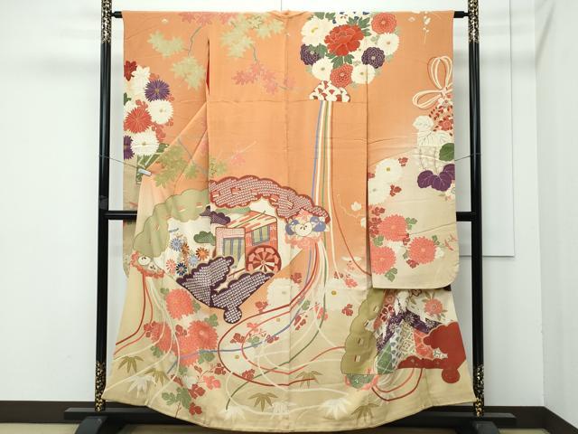 平和屋着物■極上 アンティーク 大正ロマン 振袖 駒刺繍 中国三大刺繍 相良刺繍 檜扇御所車花文 暈し染め 金彩江戸茶色地 逸品 CZAA3753s5