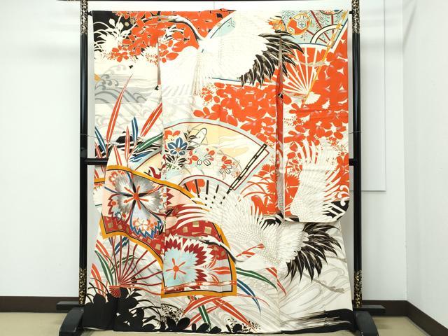 平和屋本店■希少　夏物　アンティーク　大正ロマン　振袖　絽袷　絽×絽　扇面飛鶴花文　金銀彩　逸品　CZAA3754s5