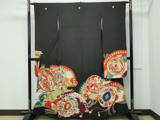 平和屋着物■極上　アンティーク　大正ロマン　振袖　鏡裏花檜扇鳳凰花文　黒地　金彩　逸品　CZAA3755s5