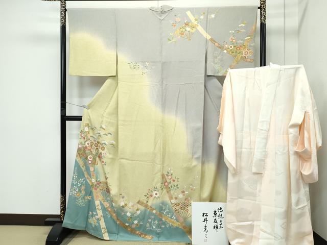 平和屋着物■極上　京友禅の第一人者　松井青々　訪問着・長襦袢セット　扇面鬘帯草花文　金彩　反端・色紙付き　逸品　CZAA3758s5