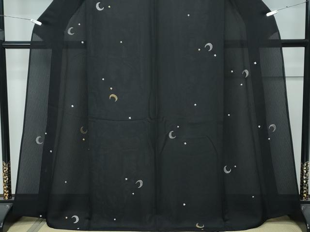 平和屋着物□極上 夏物 小紋 縦絽 総刺繍 月 星 黒地 やまと誂製 逸品