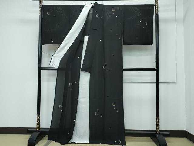 平和屋着物■極上　夏物　小紋　縦絽　総刺繍　月　星　黒地　やまと誂製　逸品　CZAA3810s5 平和屋着物□極上 夏物 小紋 縦絽 総刺繍 月 星 黒地 やまと誂製 逸品