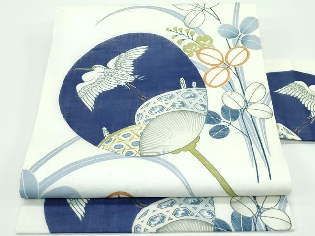 平和屋着物■極上　アンティーク　大正ロマン　全通柄　九寸名古屋帯　団扇　白鷺　綿麻　逸品　CZAA3878s5