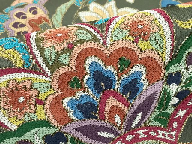 平和屋着物■極上　西陣　白綾苑大庭　六通柄袋帯　唐織　草花文　金糸　媚茶色地　逸品　CZAA3902s5 平和屋着物□極上 西陣 白綾苑大庭 六通柄袋帯 唐織 草花