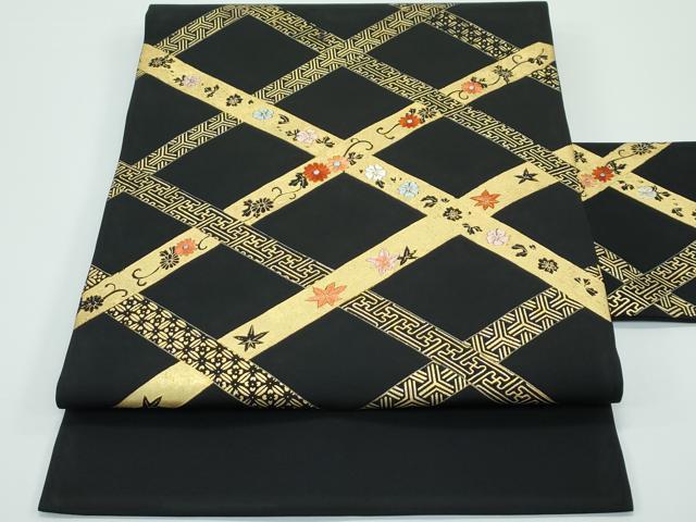 平和屋着物■極上　塩瀬　九寸名古屋帯　刺繍　網目草花文　黒地　金彩　逸品　CZAA3939s5