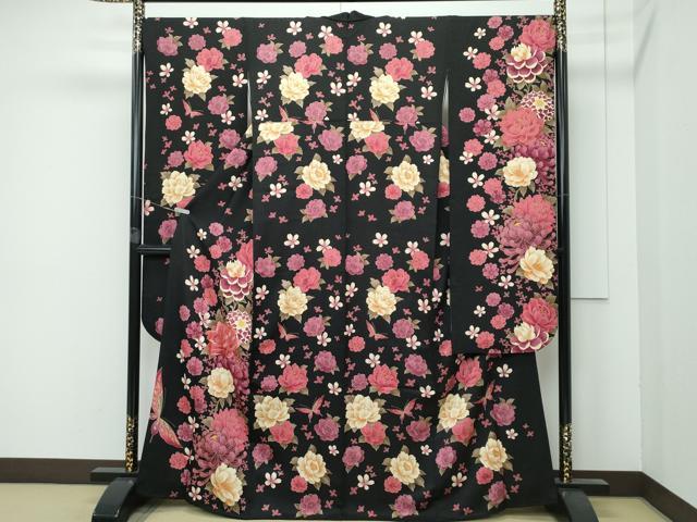 平和屋着物■極上　振袖　刺繍　花蝶文　黒地　金彩　逸品　CZAA4022s5