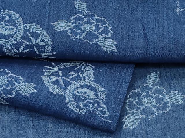 平和屋着物■極上　夏物　本場小千谷ちぢみ　笹松牡丹文　藍鉄色地　麻　逸品　未使用　CZAA4038s5