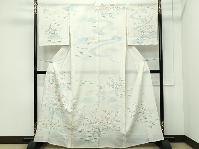 平和屋本店■極上　夏物　訪問着　絽　駒刺繍　流水風景文　暈し染め　金銀彩　砂色地　三越扱い　逸品　未使用　CZAA4039s5
