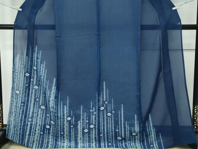 平和屋本店□極上 夏物 本藍 訪問着 紗紬 絞り 霞文 青褐色地 逸品 未