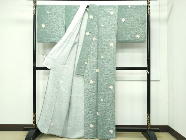 平和屋着物■極上　夏物　小紋　絽　蛍暈し　蛍芝草文　老竹色地　逸品　CZAA4042s5 平和屋着物□極上 夏物 小紋 絽 蛍暈し 蛍芝草文 老竹