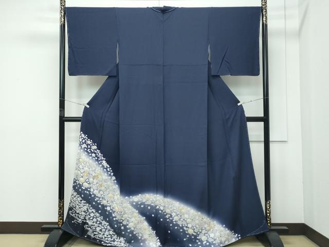 平和屋着物■極上　色留訪問着　相良刺繍　草花文　暈し染め　金糸　青褐色地　まるやま扱い　逸品　未使用　CZAA4074s5