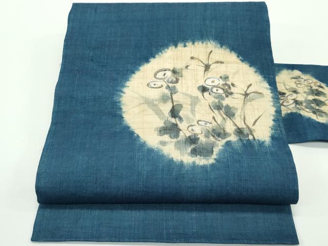 平和屋着物■極上　夏物　九寸名古屋帯　手描き　藍　万寿菊　金彩　麻　逸品　未使用　CZAA4148s5