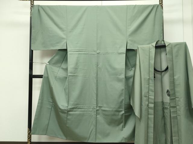 平和屋本店■極上　男性　紬・羽織セット　キングサイズ　色無地　着物：山葵色　羽織：岩井茶色　逸品　未使用　CZAA4210s5