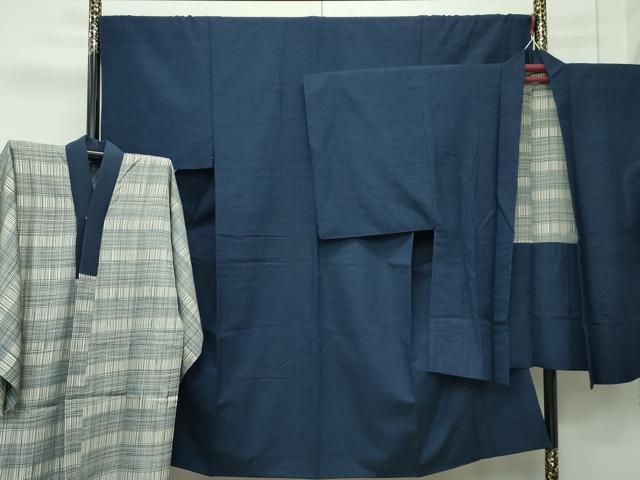 平和屋着物■極上　男性　紬　アンサンブル・長襦袢セット　色無地　濃紺地　逸品　未使用　CZAA4329s5