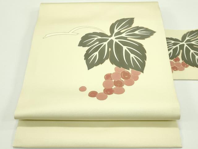 平和屋着物■極上　塩瀬　九寸名古屋帯　刺繍　葡萄蔦の葉文　金彩　木蘭色地　逸品　未使用　CZAA4344s5