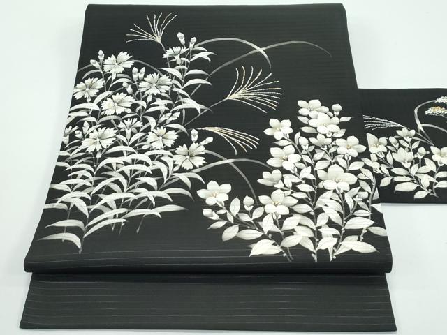 平和屋着物■極上　夏物　絽塩瀬　九寸名古屋帯　草花文　黒地　金彩　逸品　CZAA4368s5
