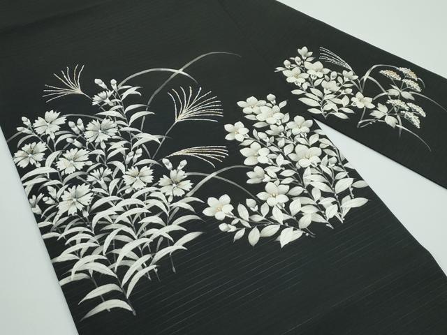 平和屋着物■極上　夏物　絽塩瀬　九寸名古屋帯　草花文　黒地　金彩　逸品　CZAA4368s5_1