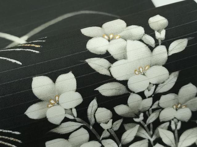 平和屋着物■極上　夏物　絽塩瀬　九寸名古屋帯　草花文　黒地　金彩　逸品　CZAA4368s5_3