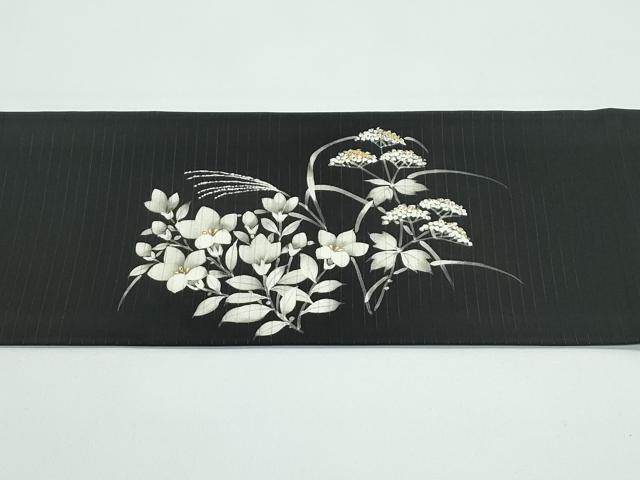 平和屋着物■極上　夏物　絽塩瀬　九寸名古屋帯　草花文　黒地　金彩　逸品　CZAA4368s5_5