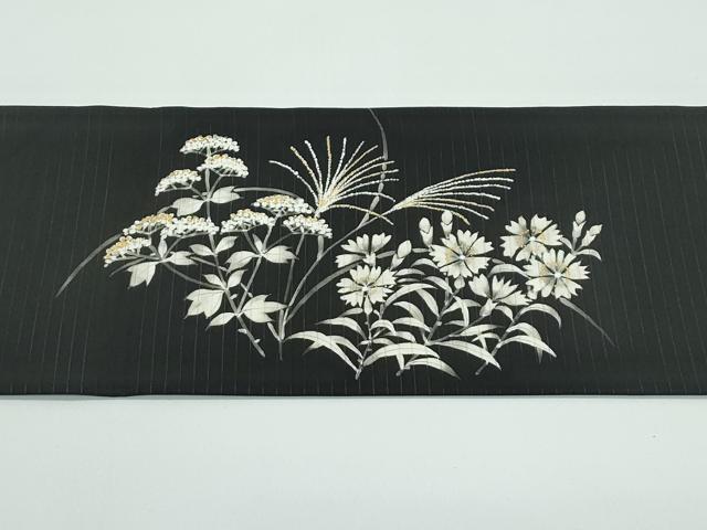 平和屋着物■極上　夏物　絽塩瀬　九寸名古屋帯　草花文　黒地　金彩　逸品　CZAA4368s5_6