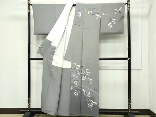 平和屋着物●極上　本加賀友禅作家　魚津誠　訪問着　枝花文　暈し染め　灰汁色地　逸品　CZAA4431s6_1