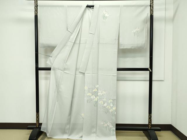 平和屋着物＊極上　夏物　訪問着　絽　草花文　銀彩　絹鼠色地　逸品　未使用　CZAA4433s6_1