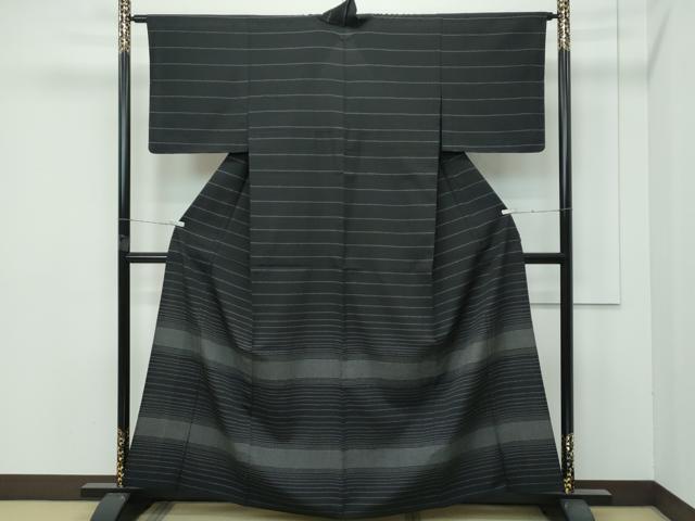 平和屋着物▽極上　訪問着　単衣　お召地　横段文　黒地　逸品　未使用　CZAA4443s6