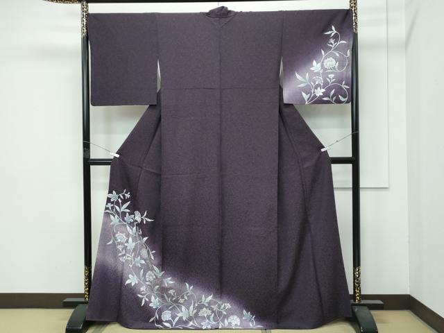平和屋着物●極上　訪問着　更紗花文　暈し染め　銀通し地　黒紅色地　反端付き　逸品　CZAA4461s6 平和屋着物○極上 訪問着 更紗花文 暈し染め 銀通し地 黒紅色地 反端