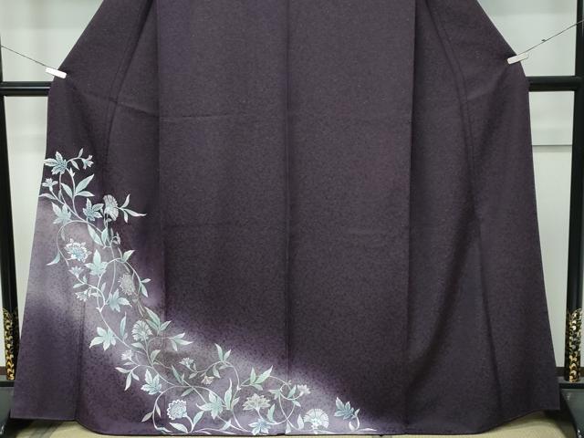 平和屋着物○極上 訪問着 更紗花文 暈し染め 銀通し地 黒紅色地 反端