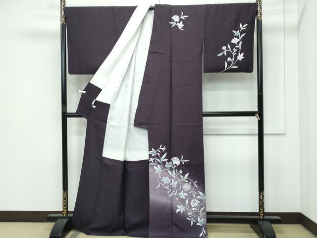 平和屋着物●極上　訪問着　更紗花文　暈し染め　銀通し地　黒紅色地　反端付き　逸品　CZAA4461s6 平和屋着物○極上 訪問着 更紗花文 暈し染め 銀通し地 黒紅色地 反端