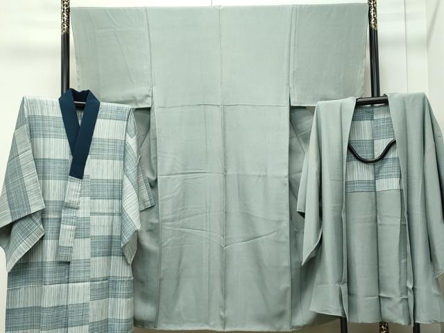 平和屋着物●極上　男性　紬　アンサンブル・長襦袢セット　色無地　青白橡色　逸品　未使用　CZAA4474s6 平和屋着物○極上 男性 紬 アンサンブル・長襦袢セット 色無地 青白橡