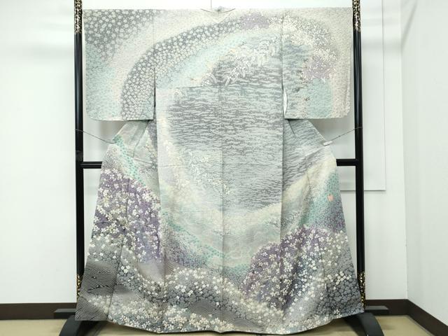 平和屋本店●極上 十日町 名門 滝泰謹製 訪問着 絞り 相良刺繍 おぼろ染 襲絞り 立波舞花文 暈し染め 金通し地 逸品 未使用 CZAA4538s6